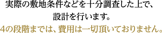 実際の土地条件など十分調査した上で、設計を行います。4の段階までは、費用は一切頂いておりません。